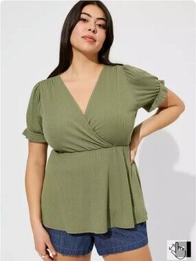 torrid Olive Green Wrap Puff Sleeve Top